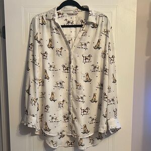 TU Dog Print Blouse Cream Multi Ruffle Cuff Roll Tab Lab Retriever Pointer 18